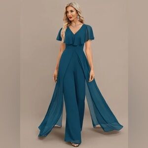 JJ’s House V-Neck Chiffon Jumpsuit in Ink Blue